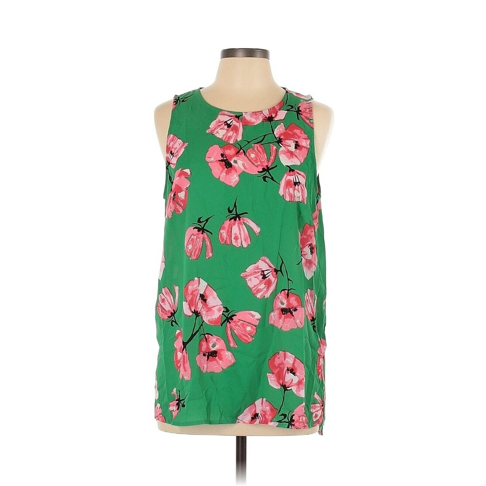 Who What Wear Top XS Green Pink Floral Sleeveless Ltwt Tunic Blouse Side Slits